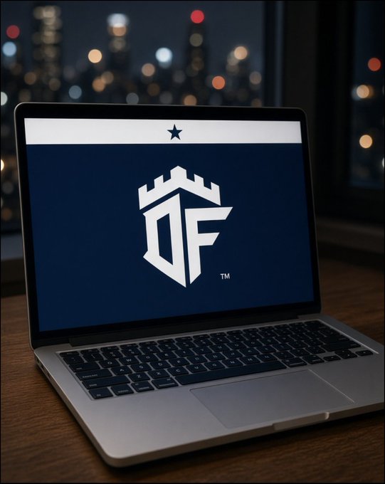 A laptop sits on a desk against a backdrop of city lights at night, with its screen displaying a blue logo featuring the letters 'DF' inside a shield topped with a star.