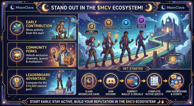 A promotional graphic titled 'STAND OUT IN THE $MCV ECOSYSTEM!' by MoonClave, highlighting early contribution perks, community rewards, and leaderboard advantages with steps to claim a Moonclave card, join Discord, connect wallets, and join discussions.