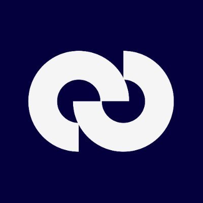 A minimalist logo featuring two interlocking white curved shapes on a dark blue background.