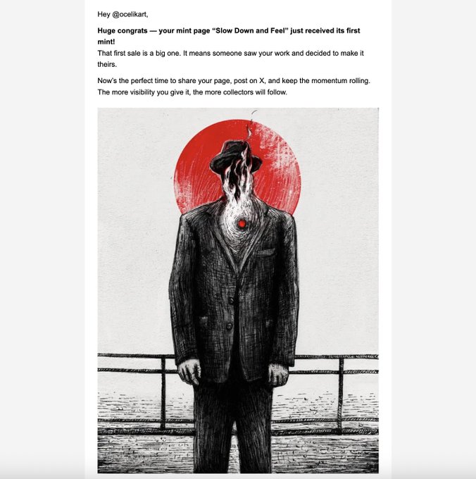 A message from @ocelikart congratulating a user on their first mint of 'Slow Down and Feel', featuring a striking illustration of a faceless figure in a suit with a red circle background.