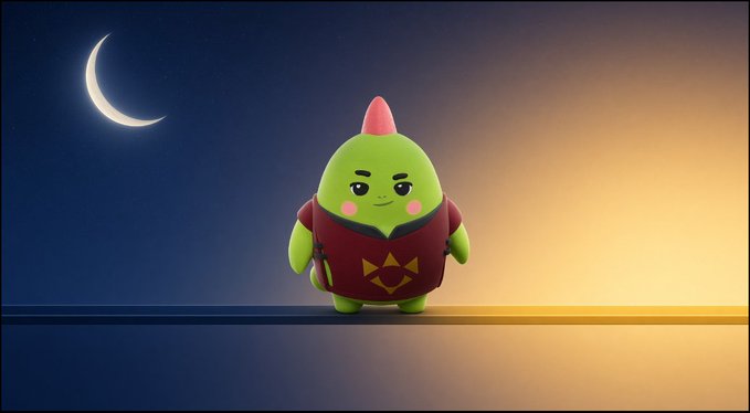 A small green dinosaur-like character with a red mohawk and a dark red outfit stands against a gradient background transitioning from a starry night with a crescent moon to a warm orange glow.