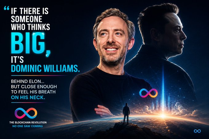 The image features a poster with two men standing next to each other, one smiling and the other looking away from the camera. The background shows an illustration of a planet surrounded by stars, creating a sense of space exploration or adventure. The caption at the bottom of the poster reads "If there is someone who thinks big, it's Dominic Williams." This suggests that the poster might be promoting a product or service related to space exploration or technology.