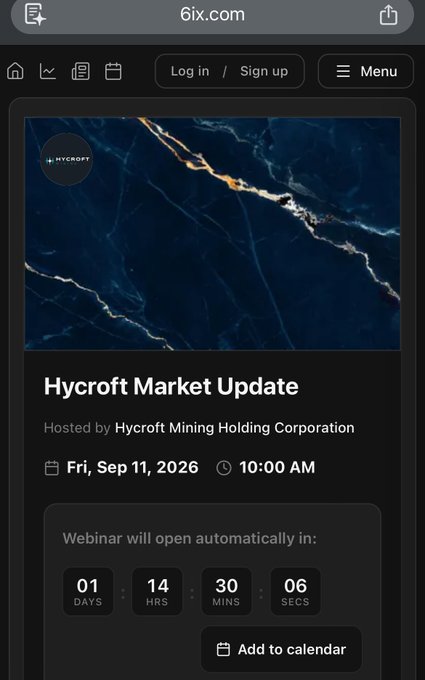 A 6ix.com event page for the “Hycroft Market Update,” hosted by Hycroft Mining Holding Corporation, scheduled for Friday, September 11, 2026, at 10:00 AM.