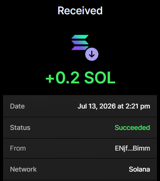 Mobile wallet screen showing a received +0.2 SOL transaction from ENfif...Bimm on the Solana network, dated Jul 13, 2026 at 2:21 pm, marked as Succeeded.