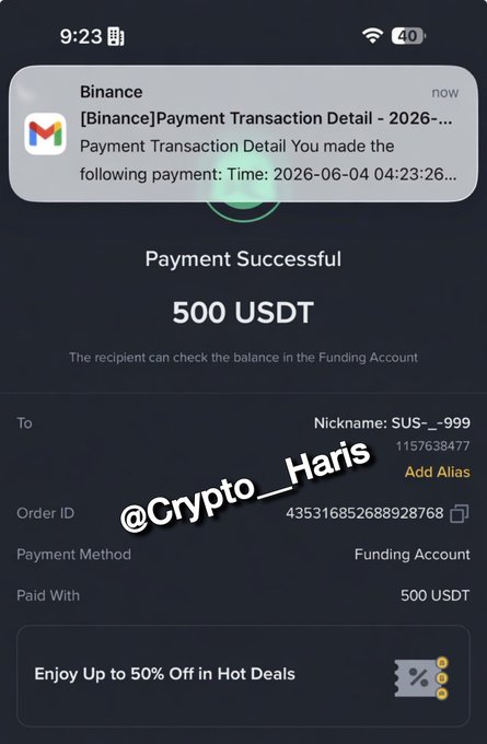 The image shows a cell phone screen displaying a message from a cryptocurrency exchange, stating that 500 USDT has been sent to two lucky users named "Binance" and "Haris". The message also mentions an order for more funds to be added to their accounts at a later time.