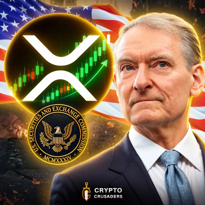 A promotional graphic featuring a serious-looking older man in a suit beside the XRP logo with a green upward chart and the SEC seal, set against an American flag background, labeled 'Crypto Crusaders'.