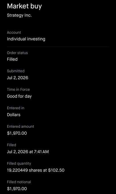 The image shows a filled market buy order confirmation for Strategy Inc. (MSTR), executed on July 2, 2026 for $1,970.00, acquiring 19.220449 shares at $102.50. The order details correspond to the post about liquidating $STRC holdings to purchase $MSTR shares.