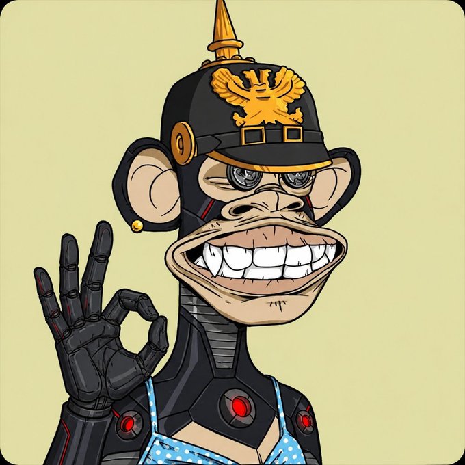 The image features a cartoon monkey wearing a hat with an eagle emblem and giving the "OK" sign with its fingers extended. The monkey appears to be dressed as a robot, which adds to the overall theme of the post. The caption suggests that the monkey is bored or uninterested in something, possibly related to the post's content.