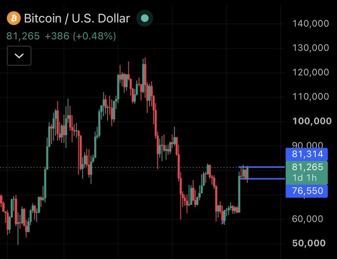 A Bitcoin/U.S. Dollar candlestick chart showing BTC trading at 81,265, up +386 (+0.48%), with a recent price action highlighted around the 76,550 to 81,314 range over 1 day/1 hour.