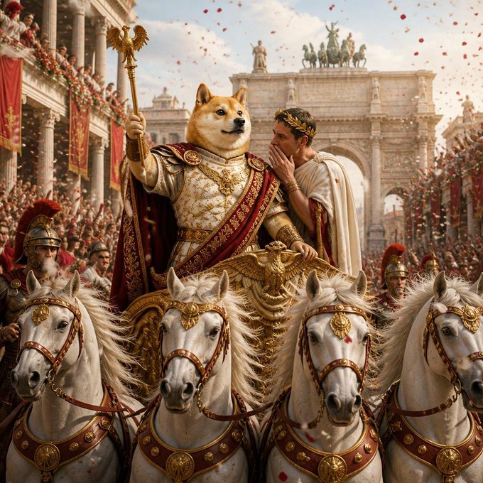 The image features a man dressed as Roman Emperor Augustus, riding a white horse with gold accents while holding a staff or sword. A dog wearing a crown sits atop the horse, appearing to be the emperor's pet. The scene takes place on a street in Rome, surrounded by other people who are also dressed up for the occasion.

The post about the new king of the empire DOGEUS MAXIMUS is likely related to this image as it combines elements from both historical and modern contexts. The dog sitting atop the horse represents the idea that even animals can be involved in important events or celebrations, while the man dressed as Emperor Augustus signifies a connection between history and the present day.

The use of the word "@elonmusk" in the image might indicate that this post is related to a social media account or a discussion about the historical accuracy and significance of the scene depicted in the picture.