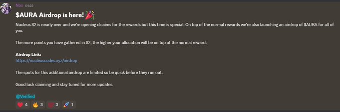 A Discord message from "Nox. 0622" announces a fake "$AURA Airdrop" for Nucleus S2, with a suspicious link to nucleuscodes.xyz/airdrops. The post warns users that this announcement is likely a scam, as Nucleus Season 2 has not yet ended and the URL does not match the official Nucleus website.