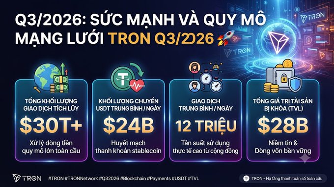 An infographic titled 'Q3/2026: SỨC MẠNH VÀ QUY MÔ MẠNG LƯỚI TRON Q3/2026' displaying stats: $30T+ cumulative trading volume, $24B daily USDT transfer volume, 12 million daily transactions, and $28B total value locked (TVL).