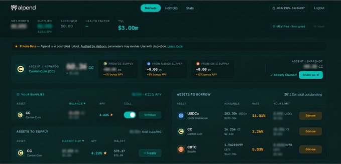 Screenshot of the Alpend DeFi platform dashboard with Total Value Locked of $3.00mm, featuring supply and borrow options for Canton Coin (CC) and other assets.