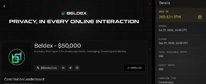 A crowdfunding page for 'BELDEX - $50,000' with the tagline 'PRIVACY, IN EVERY ONLINE INTERACTION', showing campaign details including 200d 12H 37M remaining, opening and closing dates, and 300/300 spots enrolled.