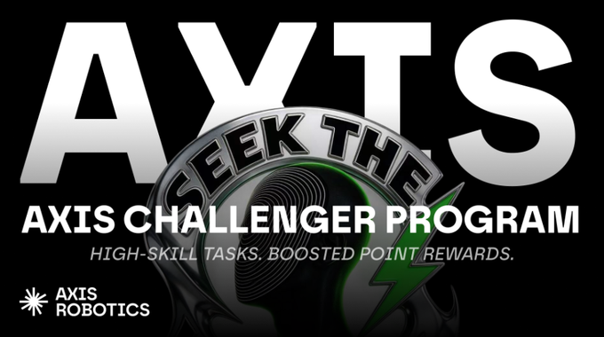 Promotional graphic for the "Axis Challenger Program" by Axis Robotics, featuring bold "AXTS" lettering and the tagline "Seek the" above the message "AXIS CHALLENGER PROGRAM — HIGH-SKILL TASKS. BOOSTED POINT REWARDS." The design, showcasing a metallic green and silver emblem, visually reinforces the post's announcement of Axis's new high-difficulty mission program with enhanced rewards for dedicated community members.