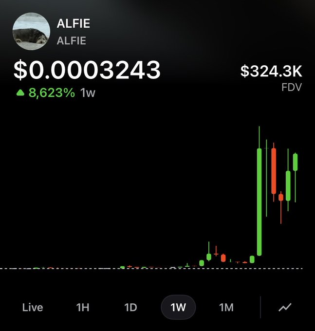A price chart shows the memecoin $ALFIE trading at $0.0003243, up 8,623% over the past week with a $324.3K FDV, supporting the poster's claim that ALFIE is their sole major bag in the memecoin space as they focus on trading NFTs instead of diversifying further.
