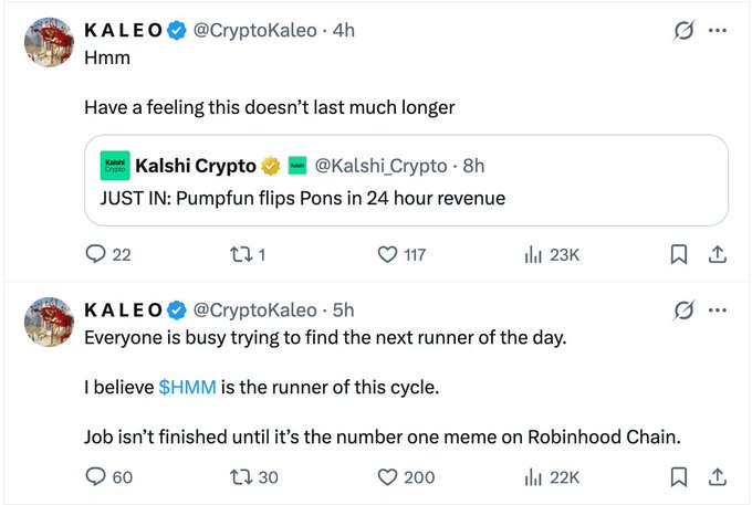Two X (Twitter) posts from KALEO (@CryptoKaleo) commenting on crypto news, including a quoted tweet from Kalshi Crypto about 'Pumpfun flips Pons in 24 hour revenue' and his own prediction that '$HMM is the runner of this cycle' on Robinhood Chain.