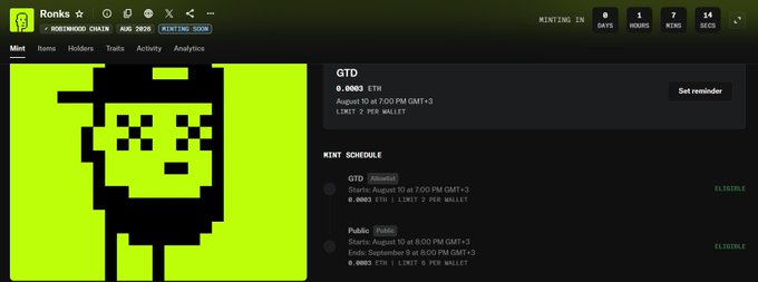 A screenshot of a coin listing page on a tracking website for 'GTD', showing a pixelated green avatar, minting schedule, and '0.0003 ETH' details.