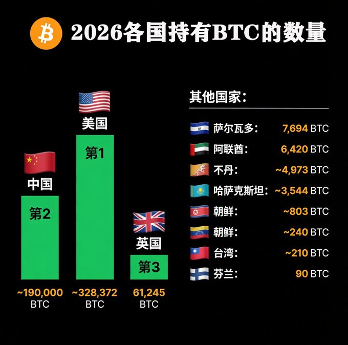 A 2026 infographic ranking countries by their Bitcoin holdings, showing the US at #1 (~328,372 BTC), China at #2 (~190,000 BTC), and the UK at #3 (61,245 BTC), with El Salvador (7,694 BTC) leading the "other countries" category—a surge that has propelled it into 4th place overall.