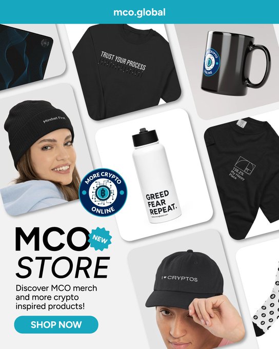 An MCO Store promotional advertisement showcasing crypto-themed merchandise including t-shirts, beanies, mugs, and water bottles with phrases like 'Trust Your Process' and 'Greed Fear Repeat'.