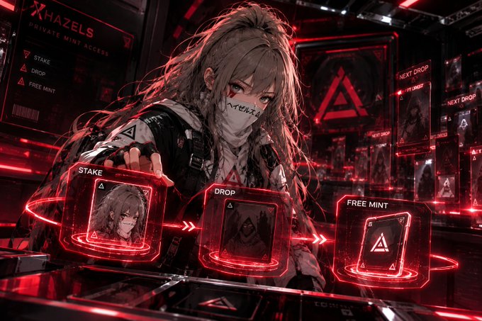 Anime-style artwork featuring a masked character with long brown hair in a dark, red-lit cyberpunk setting with holographic interface displays labeled 'STAKE', 'DROP', and 'FREE MINT' under the 'KHAZELS PRIVATE MINT ACCESS' banner.