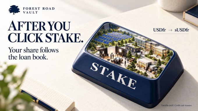 Promotional ad for Forest Road Vault showing a large blue 'STAKE' button with a cityscape scene, reading 'AFTER YOU CLICK STAKE. Your share follows the loan book.' with USDfr → sUSDfr conversion shown.