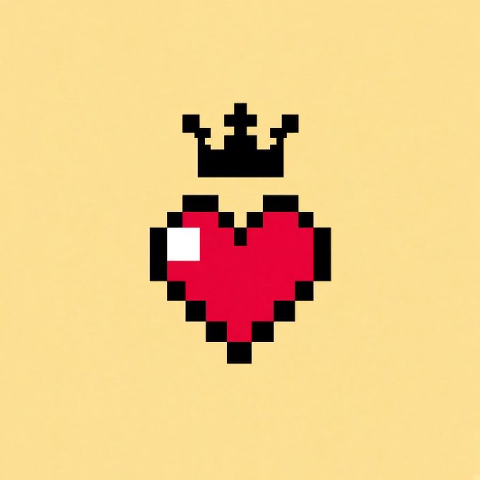 A pixel art illustration of a red heart with a black crown on top, set against a solid yellow background.