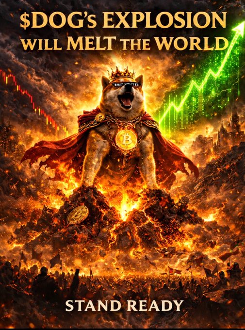 A dramatic movie-style poster featuring a Shiba Inu dog wearing a crown and Bitcoin medallion standing on fiery rocks, with text reading '$DOG'S EXPLOSION WILL MELT THE WORLD' and 'STAND READY'.
