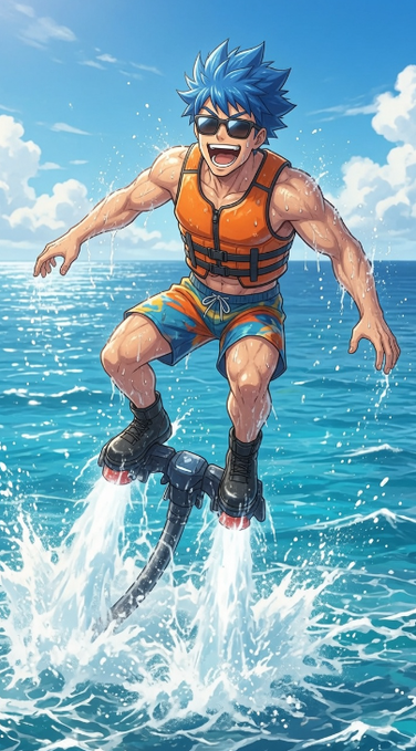 An anime-style illustration of a muscular man with blue hair, sunglasses, and an orange life vest riding a hydro jet board across ocean waves.