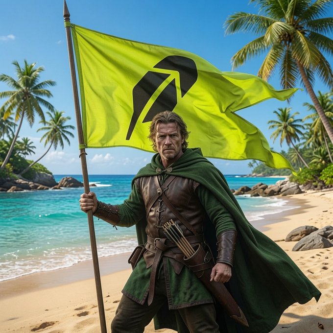 A fantasy-style image of a medieval warrior with a green cape holding a yellow flag with a black up-arrow symbol, standing on a tropical beach with palm trees, turquoise water, and rocky shores.