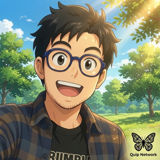 An anime-style illustration shows a smiling young man with glasses and a plaid shirt standing in a sunlit park, with a 'Quip Network' butterfly logo in the bottom right corner.