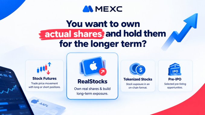 A MEXC promotional graphic asking 'You want to own actual shares and hold them for the longer term?' highlighting 'RealStocks' with Apple (AAPL) imagery, alongside options for Stock Futures, Tokenized Stocks, and Pre-IPO investments.