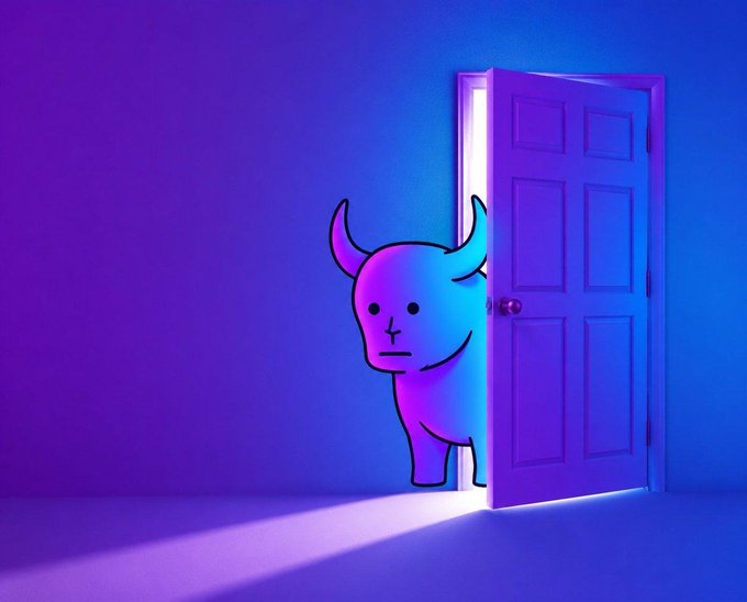 A small horned bull-like character peeks through a partially open doorway, illuminated by blue and purple lighting that suggests a moody, crypto-themed aesthetic. The minimalist character aligns with the meme's bullish undertones, playfully inviting viewers to "join the manlet army."