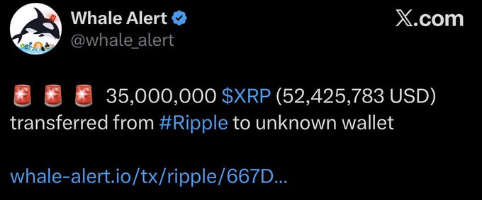 A screenshot of an X.com post by 'Whale Alert' (@whale_alert) reporting that '35,000,000 $XRP (52,425,783 USD) transferred from #Ripple to unknown wallet', linking to whale-alert.io/tx/ripple/667D...