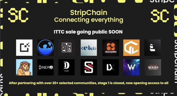 The image is a promotional graphic for StripChain announcing an "ITTC sale going public SOON," featuring logos of partner communities like HEXAGON, INERO, FAM, DX, and others, noting that "After partnering with over 20+ selected communities, stage 1 is closed, now opening access to all." This aligns with the post's thesis that StripChain's value lies in connecting major ecosystems like $BTC, $ETH, and $SOL, bridging assets, liquidity, and applications across chains rather than just being another interoperability protocol.