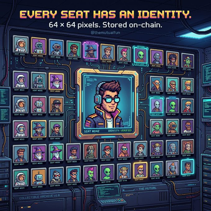 A pixel-art NFT collection interface titled 'EVERY SEAT HAS AN IDENTITY.' showing 64x64 pixel avatars stored on-chain, featuring a highlighted 'SEAT #042 IDENTITY: VERIFIED' in the center, branded '@themutualfun'.
