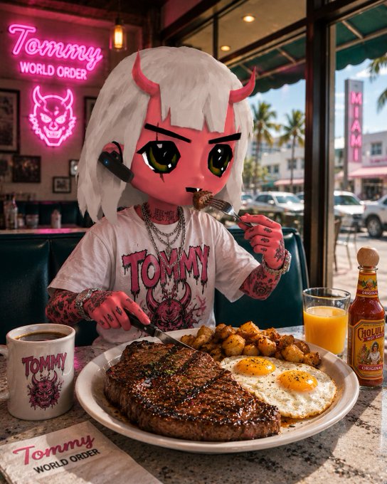A chibi-style demon girl with red horns and a "TOMMY WORLD ORDER" shirt enjoys a hearty breakfast of steak, eggs, and potatoes at a diner, with matching "Tommy" branded mug and hot sauce on the table, tying into the playful $CULT community vibes of a Saturday morning GM.