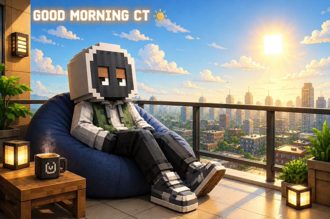 A Minecraft-style voxel character wearing a panda head and green vest sits in a blue beanbag on a balcony overlooking a sunny cityscape, with 'GOOD MORNING GT' text and a coffee mug visible.