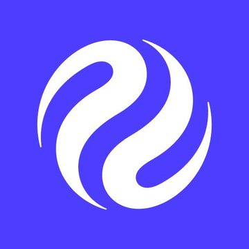 A logo featuring two white curved, flame-like shapes forming a circular design on a solid purple/blue background.