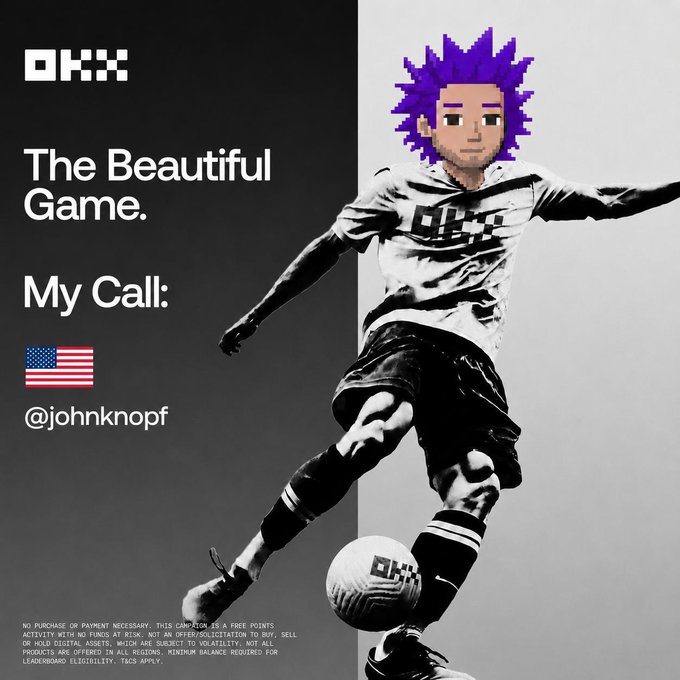 The image features a man wearing a white shirt with black text that says "The Beautiful Game" and has an American flag behind him. The man appears to be playing soccer, kicking a ball while standing next to a wall. The image also includes a caption below the man's photo that reads "My Call! @OKX to enter the free world cup thing where you pick who wins it all no buy in.