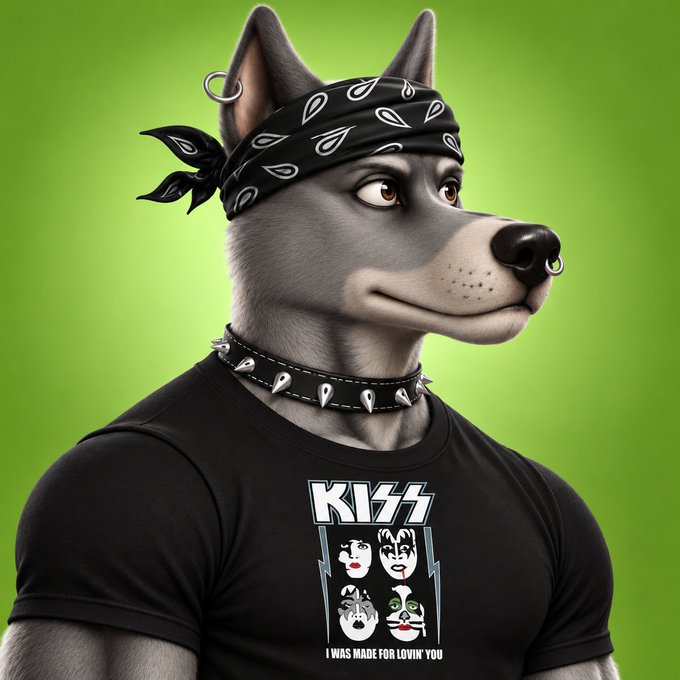 A stylized illustration of an anthropomorphic gray wolf character wearing a black paisley bandana, a spiked choker, and a black KISS band t-shirt reading 'I WAS MADE FOR LOVIN' YOU' against a bright green background.