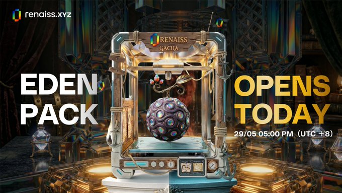 The image features an advertisement for the Eden Pack, which is scheduled to open today at 2:00 PM (UTC+8). The Eden Pack is a virtual reality experience that allows users to explore a digital world filled with various objects such as fruit, flowers, and other items. The post also mentions that there are "crowns" in the image, which could be referring to crowns or trophies awarded for winning the Eden Pack challenge.

The text on the image reads: "Eden Pack opens today. May 29, 5PM (UTC+8) Crown. Bloom. Thorn. Every pull leaves a mark. Pull once to Unlock the Eden Pack SBT". The post also mentions that there is a "crown" in the image and that it's almost ripe.