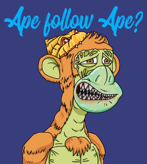 A cartoon illustration of a green and orange ape wearing a yellow hat, with the text 'Ape follow Ape?' written in blue above it.