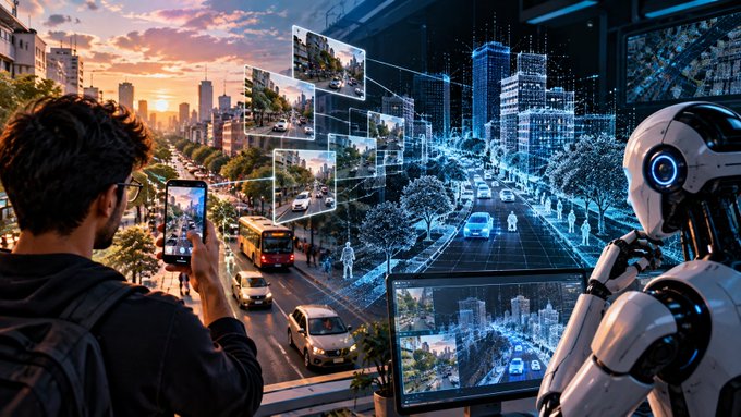 An AI-generated image showing a man with a smartphone and a humanoid robot observing a city street with floating screens displaying augmented reality data.