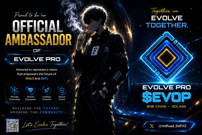 A promotional banner declaring 'Proud to be an OFFICIAL AMBASSADOR OF EVOLVE PRO' featuring an anime-style character smoking, with text 'Together, we EVOLVE TOGETHER', 'EVOLVE PRO $EVOP', 'BNB CHAIN · SOLANA', and the handle '@mdfuad_DeFi12'.