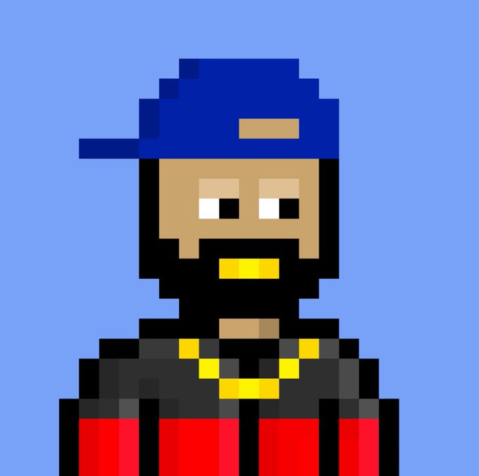A pixel art portrait of a bearded man wearing a blue backwards baseball cap and a gold chain necklace, set against a solid blue background.