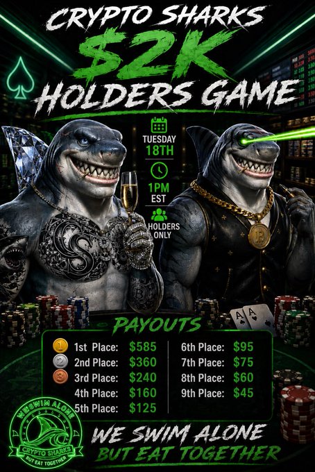 A 'Crypto Sharks $2K Holders Game' promotional poster with an event date of Tuesday, 18th at 1 PM EST (holders only), featuring shark mascots and payout tiers ranging from $585 for 1st place down to $45 for 9th place.