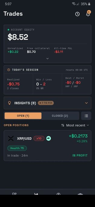 A trading app screenshot shows account equity of $8.52 with an open XRP/USD position up 0.28% in profit.