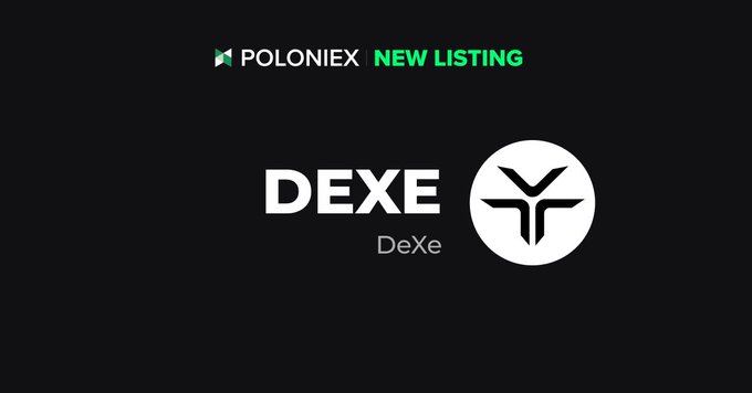 An announcement graphic from Poloniex for a 'NEW LISTING' of DeXe (DEXE) cryptocurrency.