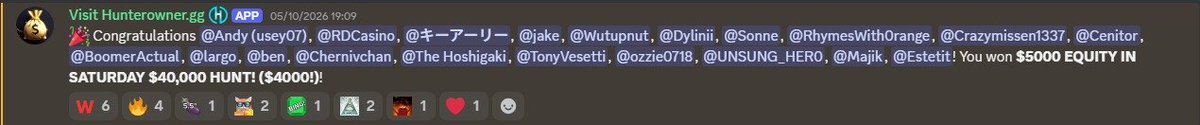 A Discord message from 'Hunterowner.gg' congratulating multiple users for winning '$5000 EQUITY IN SATURDAY $40,000 HUNT! ($4000)!'